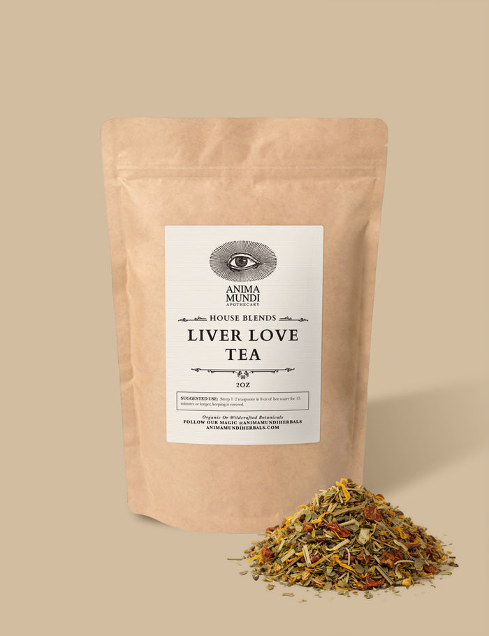 Bag of Anima Mundi Liver Love Tea with loose tea on a beige background