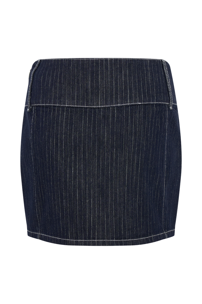 Loraine Mid Rise Denim Mini Skirt - Indigo Pinstripe