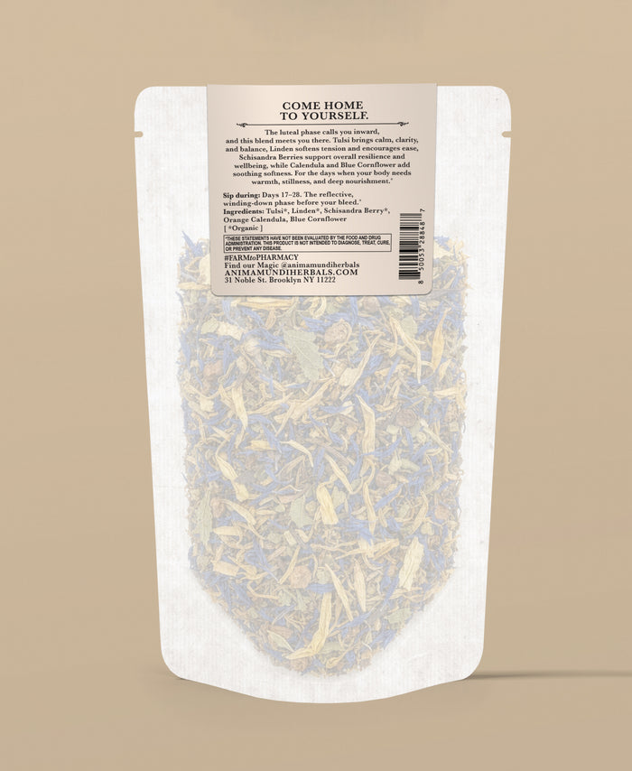 A stand-up pouch of herbal tea with a beige label reading 'COME HOME TO YOURSELF' and product details, shown against a solid beige background.