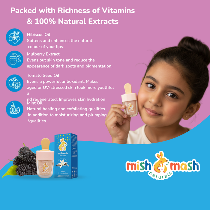 Product advertisement for 'mish & mash' with a child holding a bottle against a pink and blue background.