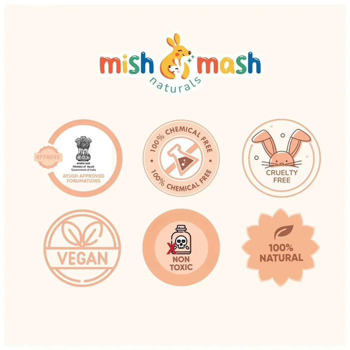 Mish & Mash Naturals logo with certification icons on a white background