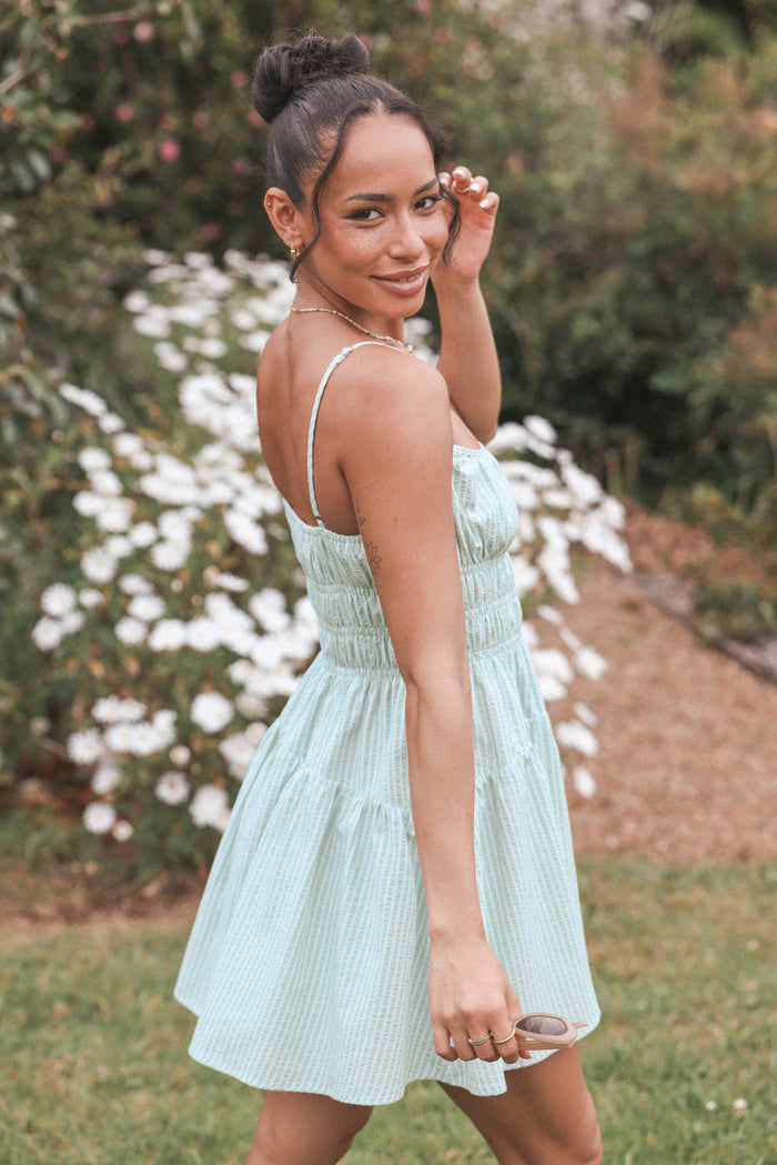 Petal and Pup USA DRESSES Makayla Mini Dress - Green Stripe