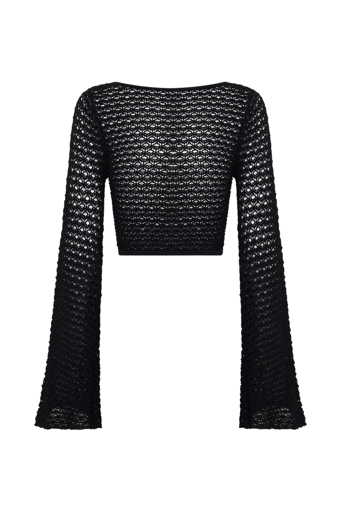 Mania Crochet Long Sleeve Cropped Top - Black