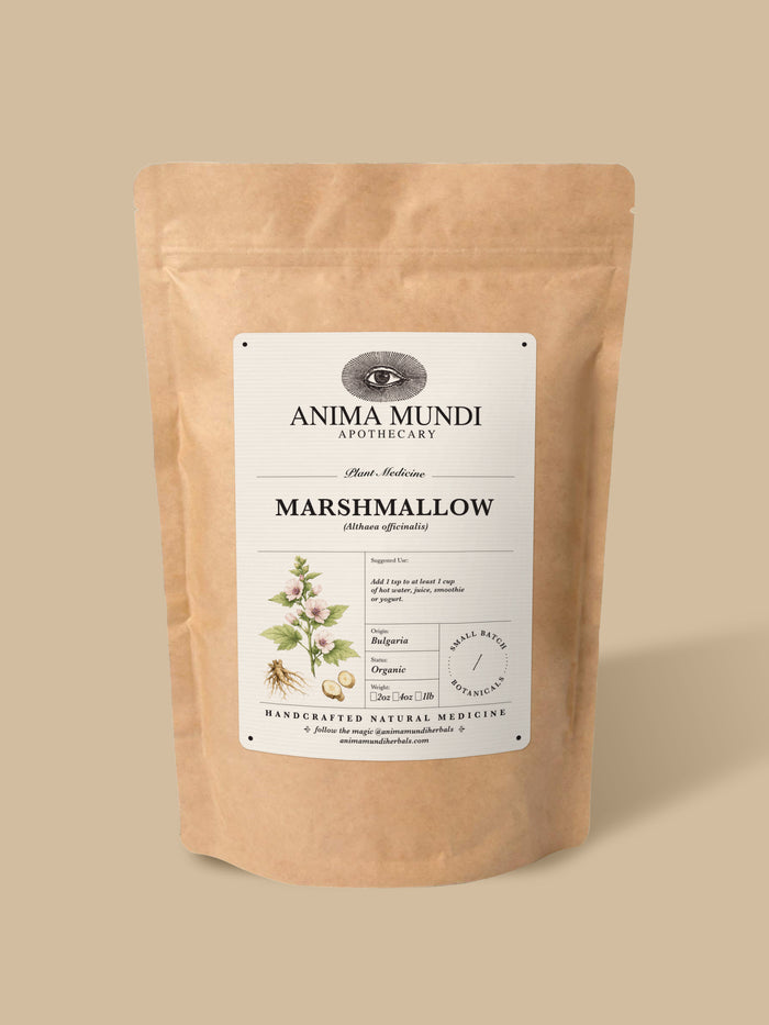 A kraft paper stand-up pouch of Anima Mundi Apothecary Marshmallow herbal medicine, shown against a solid beige background.