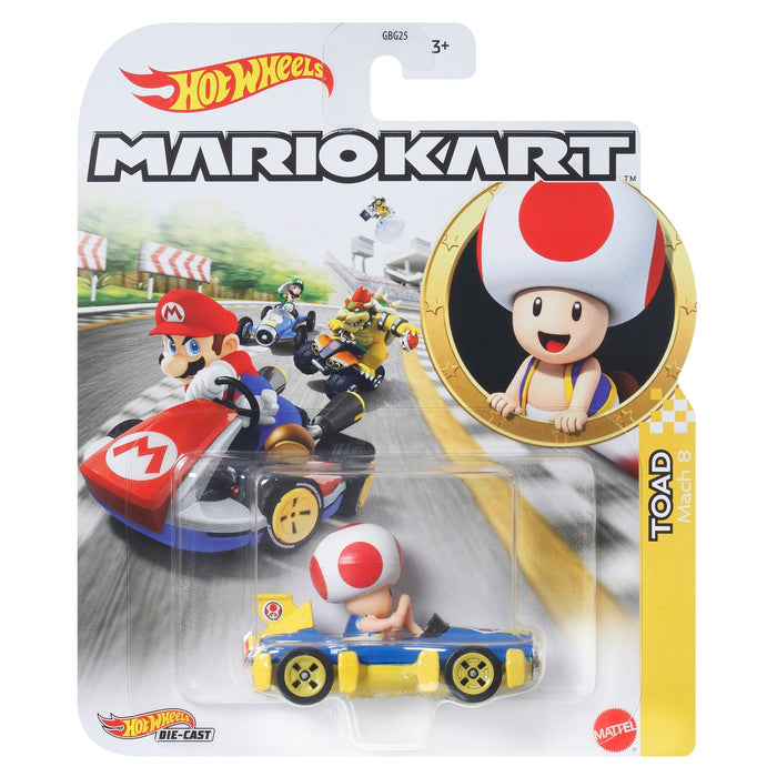 The Mattel Hot Wheels Mario Kart Replica Die Cast Vehicles line includes a Toad figure in a blue and yellow Mach 8, packaged with artwork of Mario, Bowser, and Yoshi—ideal for Mario Kart fans and collectors alike.