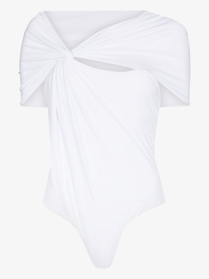 MAXIMILIAN DAVIS Disco White Asymmetric Draped Stretch-jersey Bodysuit Top - House Of Huntington