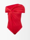 MAXIMILIAN DAVIS Red Disco Draped Jersey Bodysuit - House Of Huntington