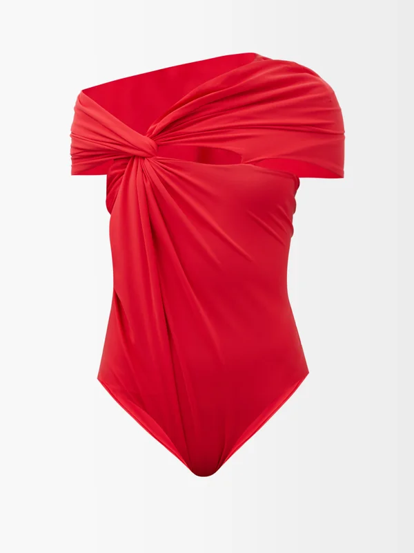 MAXIMILIAN DAVIS Red Disco Draped Jersey Bodysuit - House Of Huntington