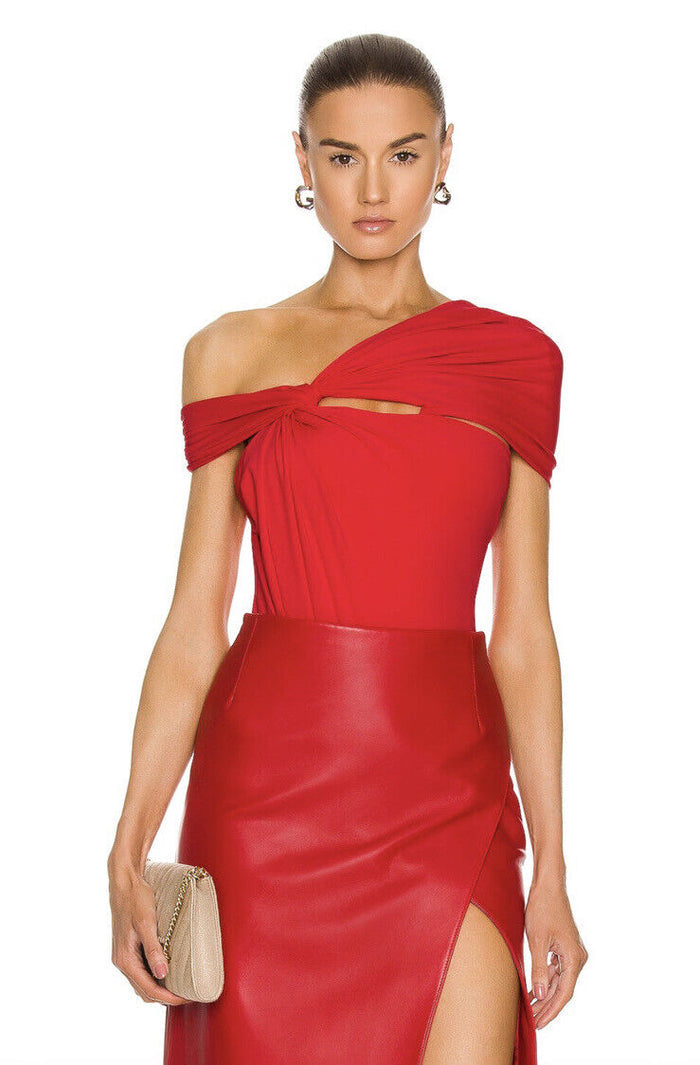 MAXIMILIAN DAVIS Red Disco Draped Jersey Bodysuit - House Of Huntington