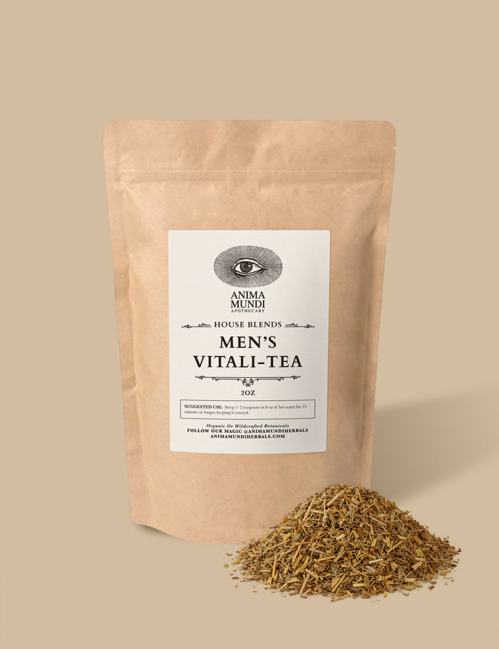 Package of Men's Vitali-Tea with loose tea on a beige background