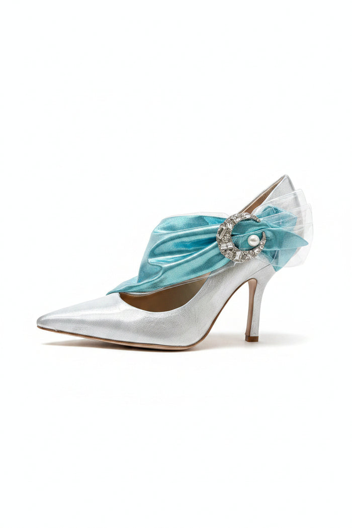 MIDNIGHT 00 Silver Blue Crescent Moon Ruched Wrap Princess High Heels - House Of Huntington