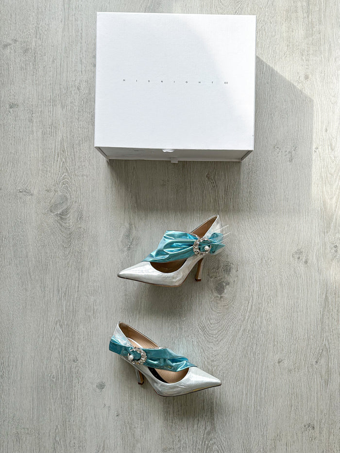 MIDNIGHT 00 Silver Blue Crescent Moon Ruched Wrap Princess High Heels - House Of Huntington