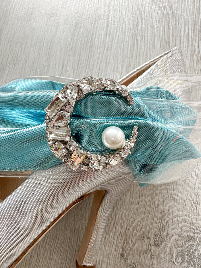 MIDNIGHT 00 Silver Blue Crescent Moon Ruched Wrap Princess High Heels - House Of Huntington