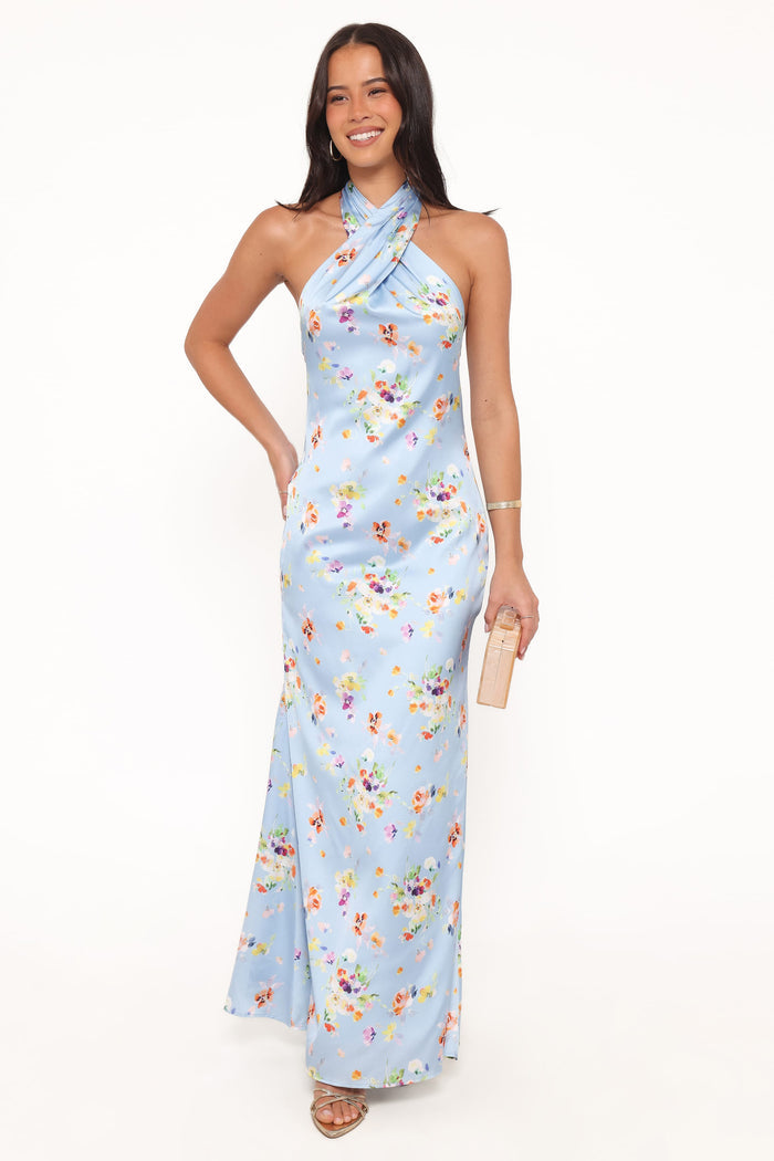 Petal and Pup USA DRESSES Mila Halterneck Maxi Dress - Cornflower Blue Floral