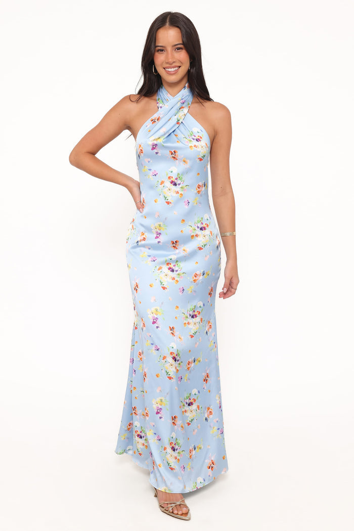 Petal and Pup USA DRESSES Mila Halterneck Maxi Dress - Cornflower Blue Floral