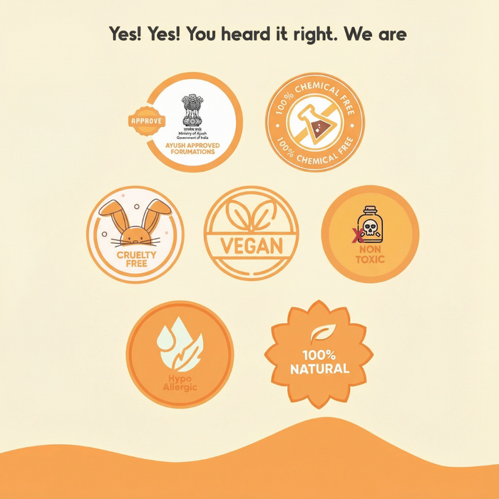 Collection of product certification badges on a beige background