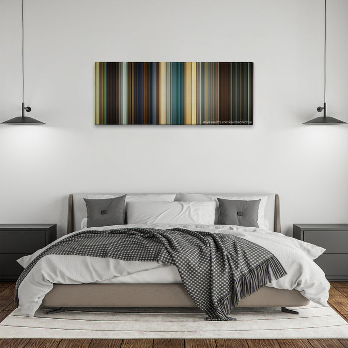 Mission: Impossible - Rogue Nation color palette canvas above a bed, between two black pendant lamps