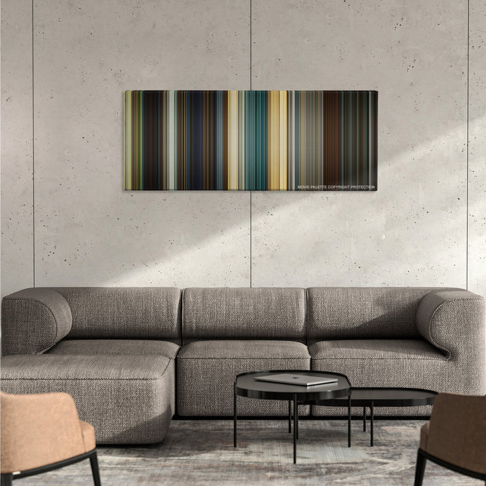 Mission: Impossible - Rogue Nation color palette canvas on a concrete wall above a gray sectional sofa