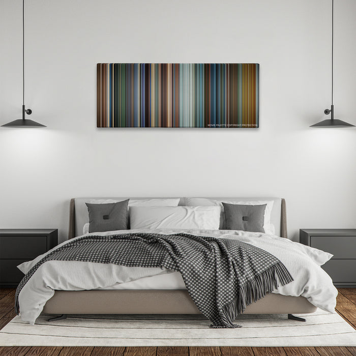 Mission: Impossible III color palette canvas above a bed, between two black pendant lamps