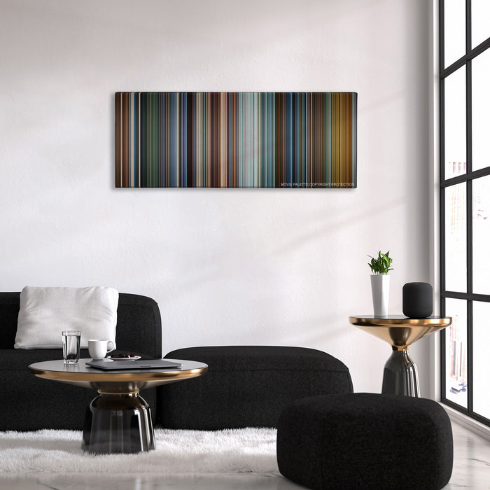 Mission: Impossible III color palette canvas above a black sofa with a gold-topped table
