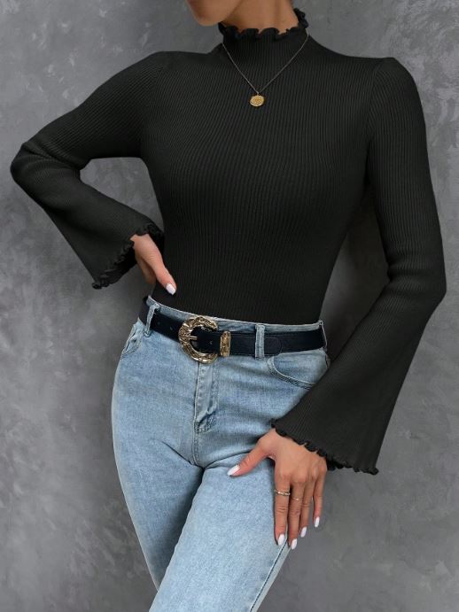 MOCK NECK LETTUCE TRIM TRUMPET SLEEVE RIBBED KNIT TEE