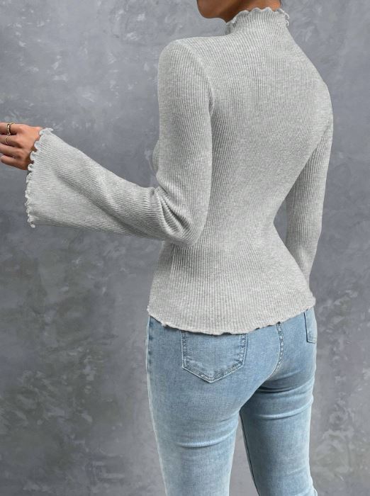 MOCK NECK LETTUCE TRIM TRUMPET SLEEVE RIBBED KNIT TEE