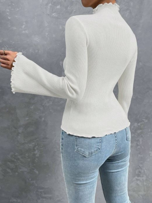 MOCK NECK LETTUCE TRIM TRUMPET SLEEVE RIBBED KNIT TEE