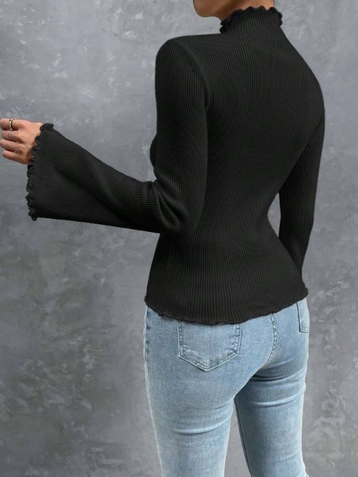 MOCK NECK LETTUCE TRIM TRUMPET SLEEVE RIBBED KNIT TEE