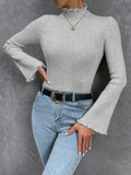 MOCK NECK LETTUCE TRIM TRUMPET SLEEVE RIBBED KNIT TEE