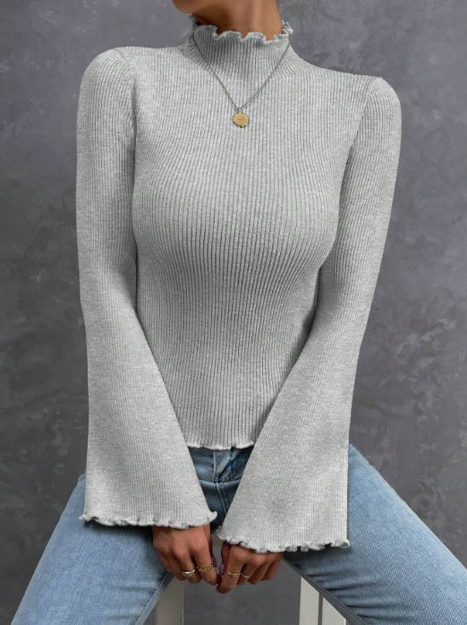 MOCK NECK LETTUCE TRIM TRUMPET SLEEVE RIBBED KNIT TEE
