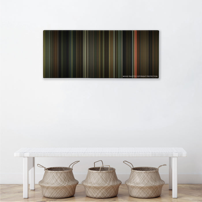 Moon color palette canvas above a white bench with three woven baskets
