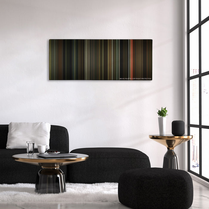 Moon color palette canvas above a black sofa with a gold-topped table