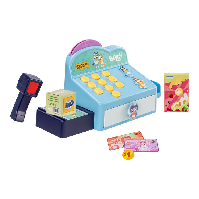 The Moose Toys Bluey Cash Register by Moose Toys features a blue register, yellow buttons, barcode scanner, toy food boxes, play money, and coins—ideal for pretend shopping and role play with beloved Bluey characters.