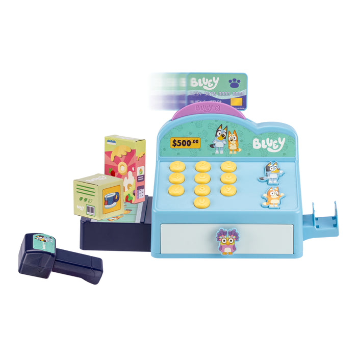 The Moose Toys Bluey Cash Register is perfect for pretend shopping, featuring a scanner, play money, swipe card, toy grocery boxes, character stickers, and bright yellow buttons.
