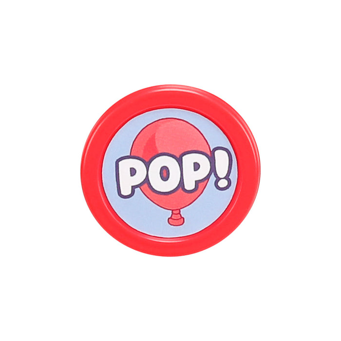 A red circular button with a red balloon and “POP!” in bold white letters on blue, inspired by the Moose Toys Bluey Keepy Uppy Game, featuring character paddles for added fun. Brand: Moose Toys.