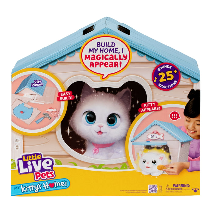Front packaging of Moose Toys Little Live Pets My Kitty's Home shows a fluffy white and gray interactive kitten, playhouse pieces, and a child playing. Text highlights sounds, reactions, easy assembly, and imaginative fun from Moose Toys.