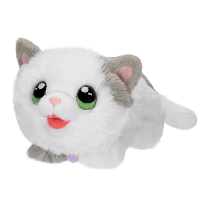 The Moose Toys Little Live Pets My Kitty's Home by Moose Toys features a plush cat with white and gray fur, big green eyes, a pink nose, open mouth, gray ears, and purple collar—an adorable interactive kitten perfect for imaginative play.