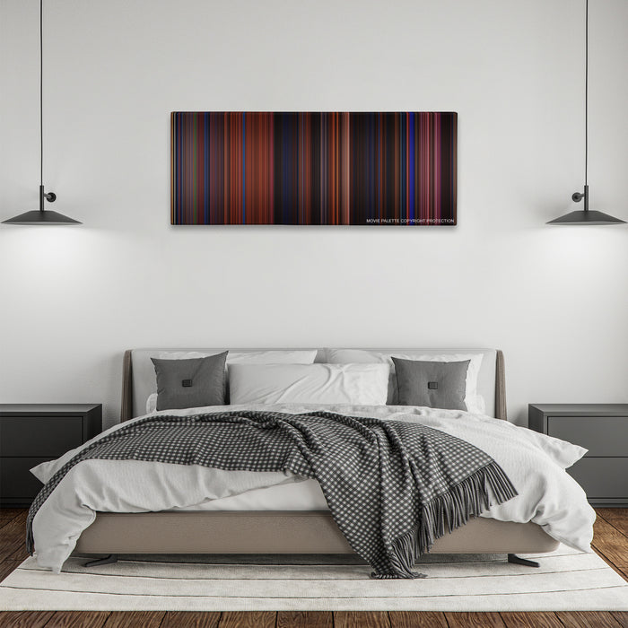 Moulin Rouge! color palette canvas above a bed, between two black pendant lamps
