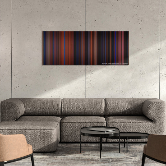 Moulin Rouge! color palette canvas on a concrete wall above a gray sectional sofa