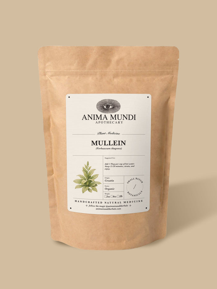 A kraft paper stand-up pouch of Anima Mundi Apothecary Mullein herbal medicine, shown on a solid beige background.