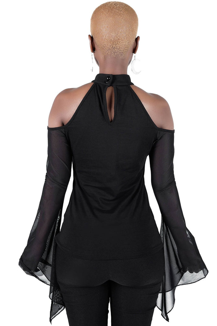 back view of black long sleeve top with high neckline, lace-up detail on the chest, statement mesh long sleeves and cold shoulders.