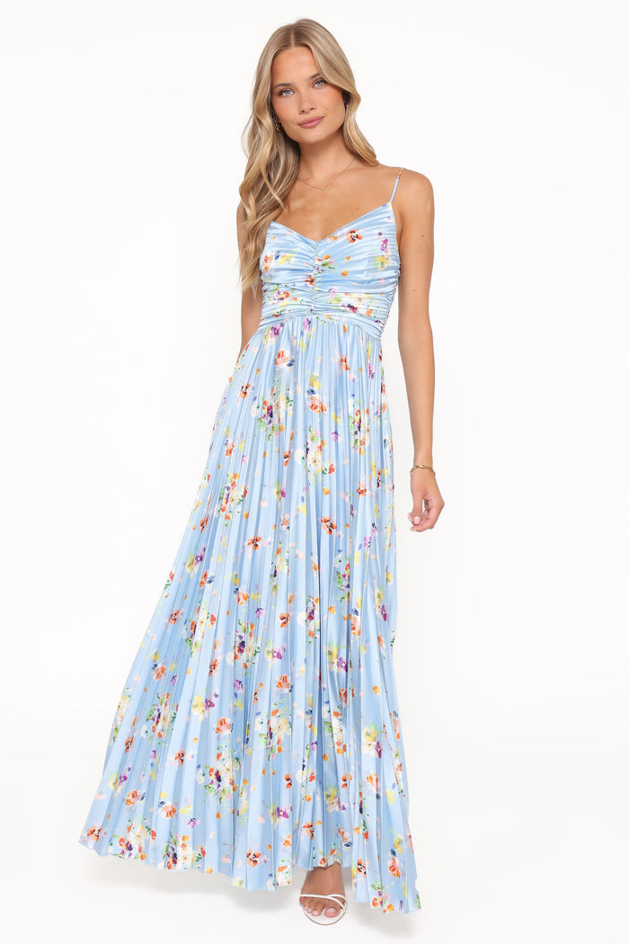 Petal and Pup USA DRESSES Naira Pleated Maxi Dress - Cornflower Blue Floral