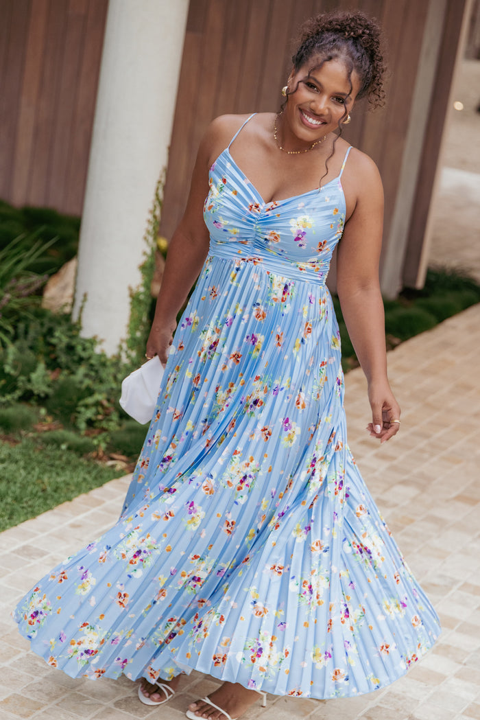 Petal and Pup USA DRESSES Naira Pleated Maxi Dress - Cornflower Blue Floral