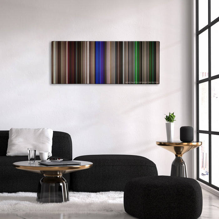 Neighbors color palette canvas above a black sofa with a gold-topped table