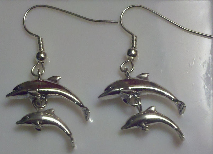 NEW Solid Sterling Silver 3D Dolphin Dangle Earrings, Medium and Small Dolphin, Dolphin Jewelry, Beach Earrings, Ocean Earrings, 265-408