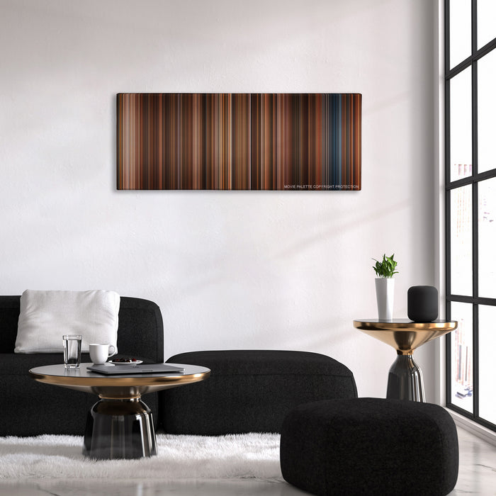 Night at the Museum color palette canvas above a black sofa with a gold-topped table