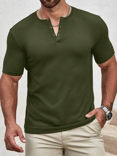 OLIVE MEN T-SHIRTS FIT V NECK SHORT SLEEVE HENLEY