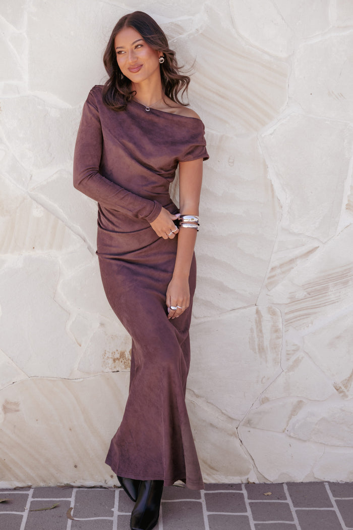 Petal and Pup USA DRESSES Olympia Off Shoulder Maxi Dress - Chocolate