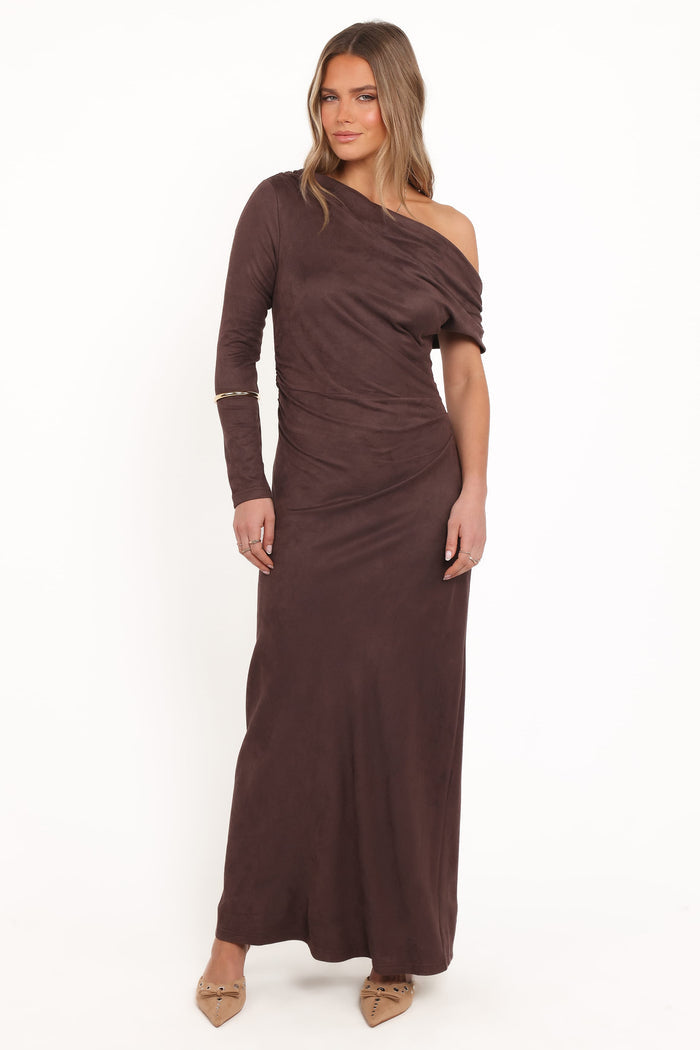 Petal and Pup USA DRESSES Olympia Off Shoulder Maxi Dress - Chocolate