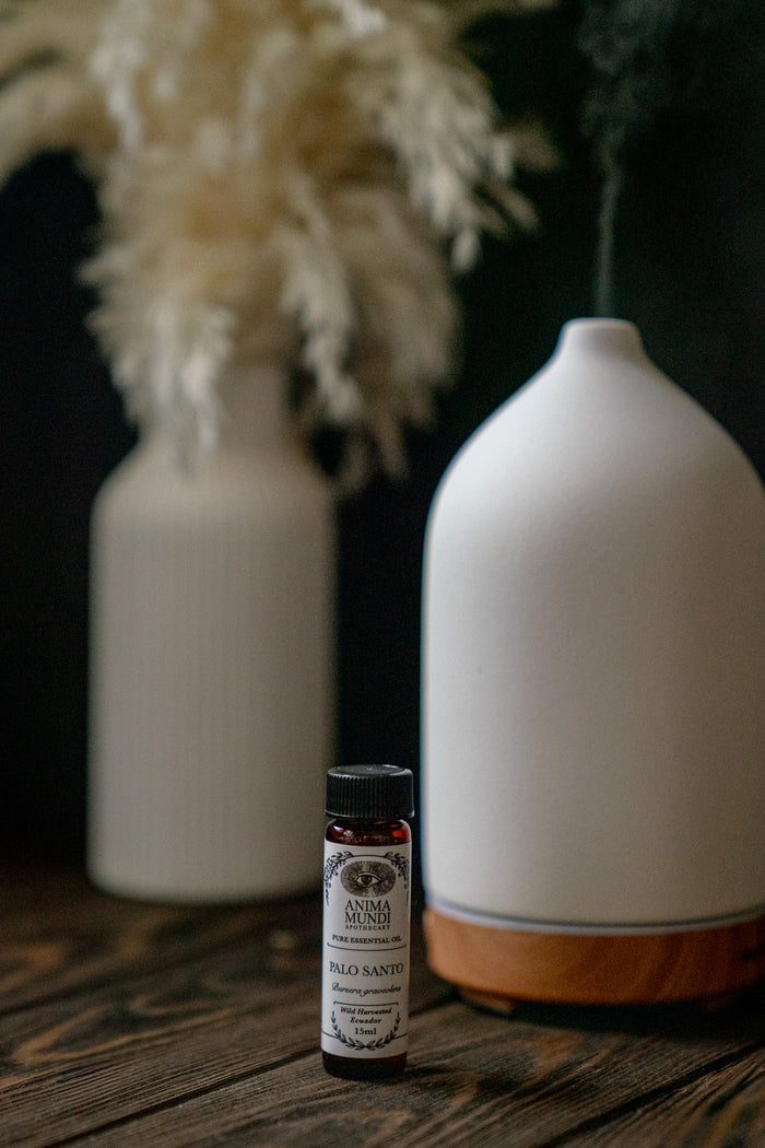 White diffuser, bottle of essential oil, and decorative vase on a wooden surface with a dark background.